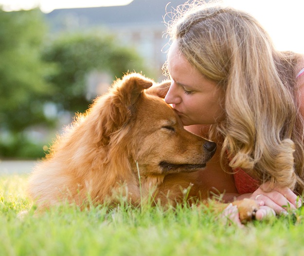 Peace and Comfort are most important woman kissing dog on forehead